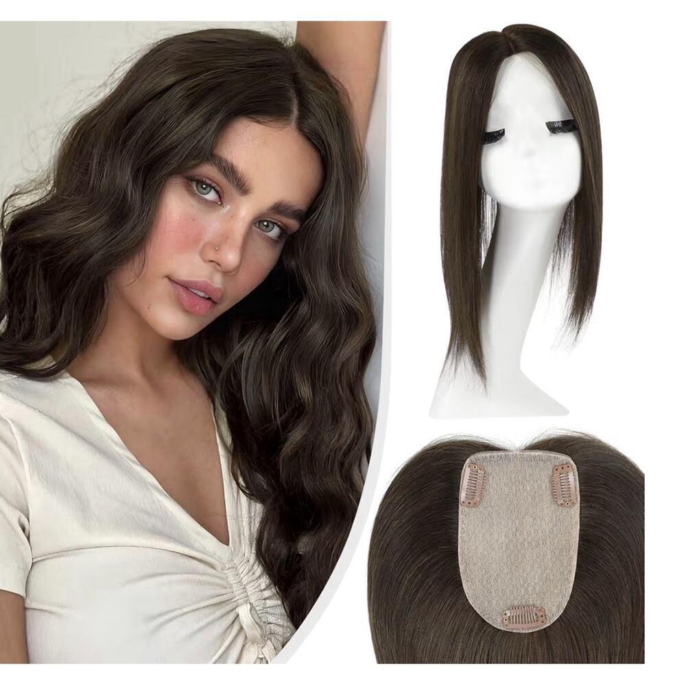 12” Human Hair Silk Base Topper, Clip-In, Dark Brown, Natural Parting